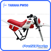 (PW50) - Package Of Plastics Fender Cover (White & Red), Fuel Tank (White), Seat (Red) + Decal (Y-Zinger), Bolt